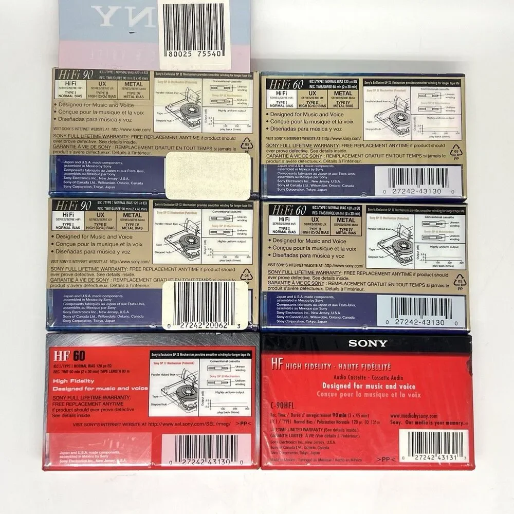 Lot of 6 Sony Audio Cassette Tapes BLANK HiFi 60/90 Min Normal Bias Type 1 NOS